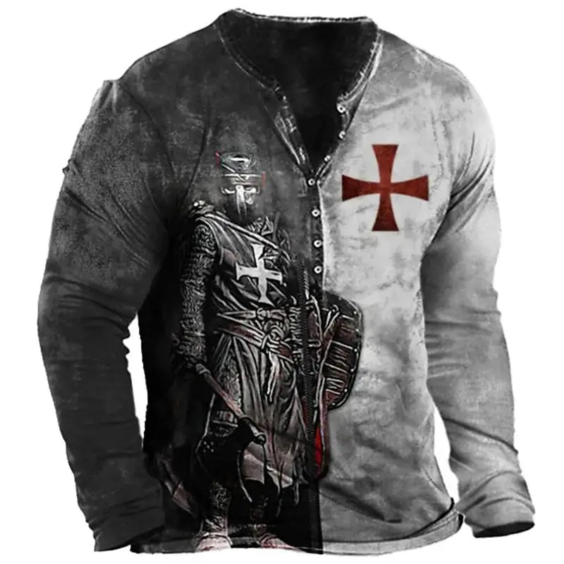 Open Placket Button Digital Printing Men's Long-sleeved T-shirt