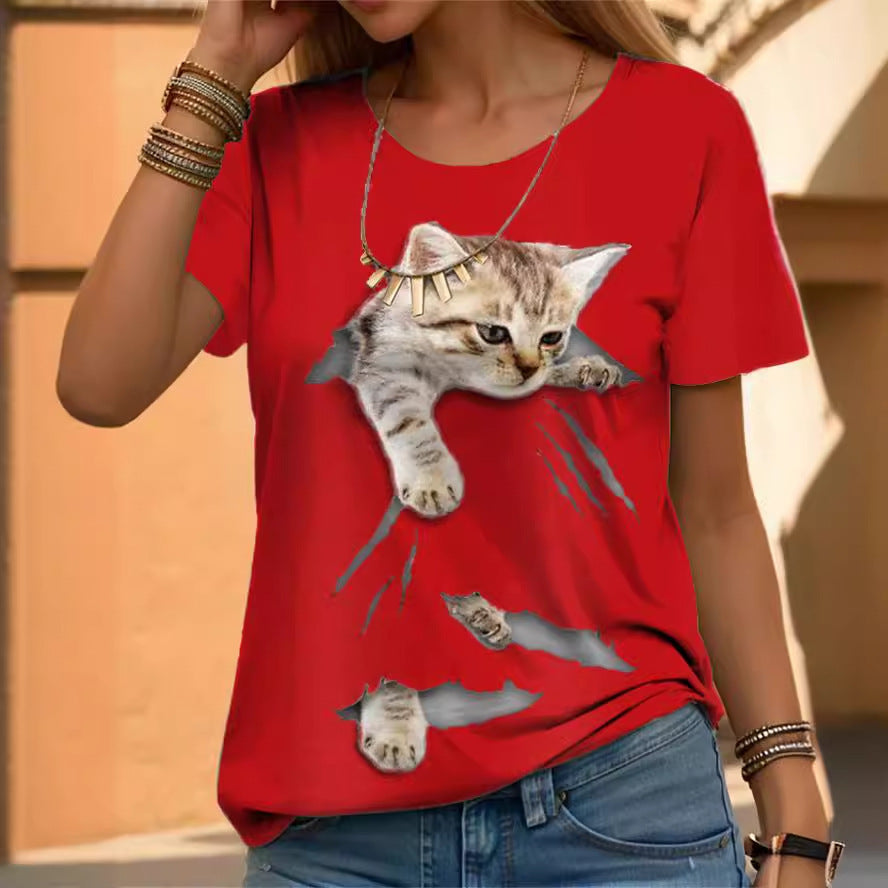 Casual Loose Cat Printing Short-sleeved Shirt