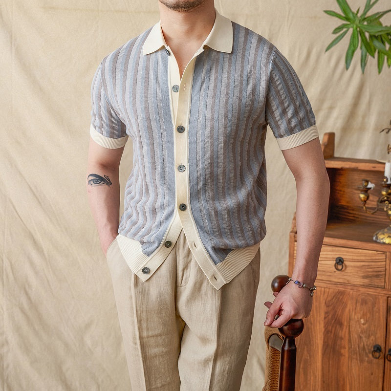 Summer Lapels Striped Jacquard Stitching Knitwear Short Sleeve Men