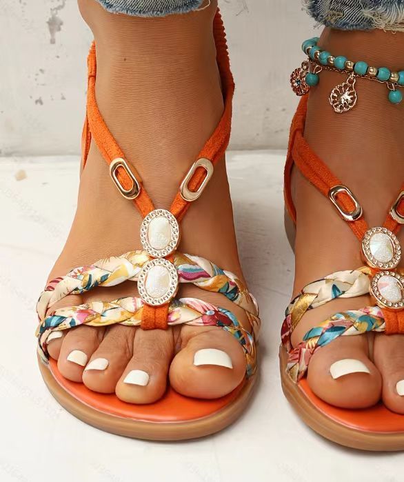 Round Head Woven Fashion Outdoor Sandals Flat Bottom Plus Size