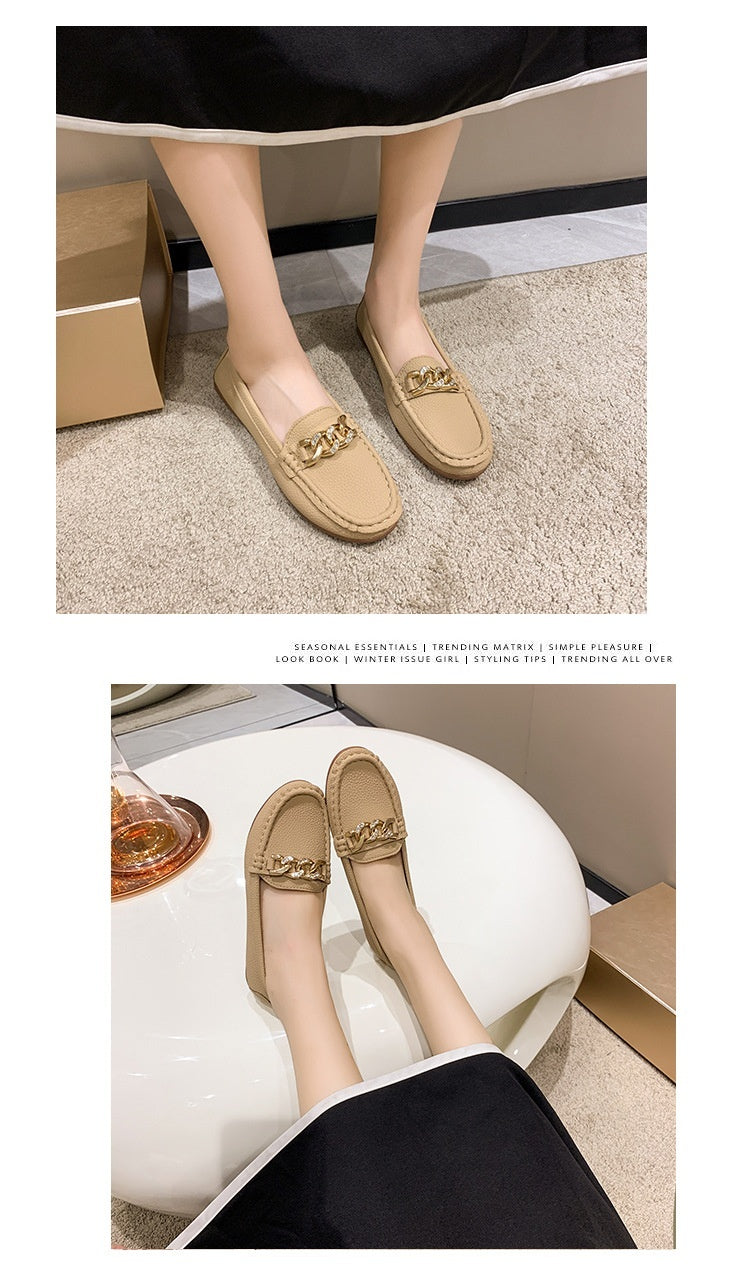 Spring And Autumn New Women's Korean-style Round Toe Low Heel Metal Chain Casual Outdoor