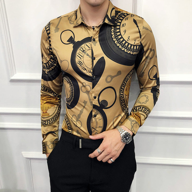 Black Rose Pattern Digital Printing Men's Long-sleeved Shirt