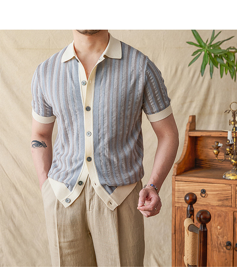 Summer Lapels Striped Jacquard Stitching Knitwear Short Sleeve Men