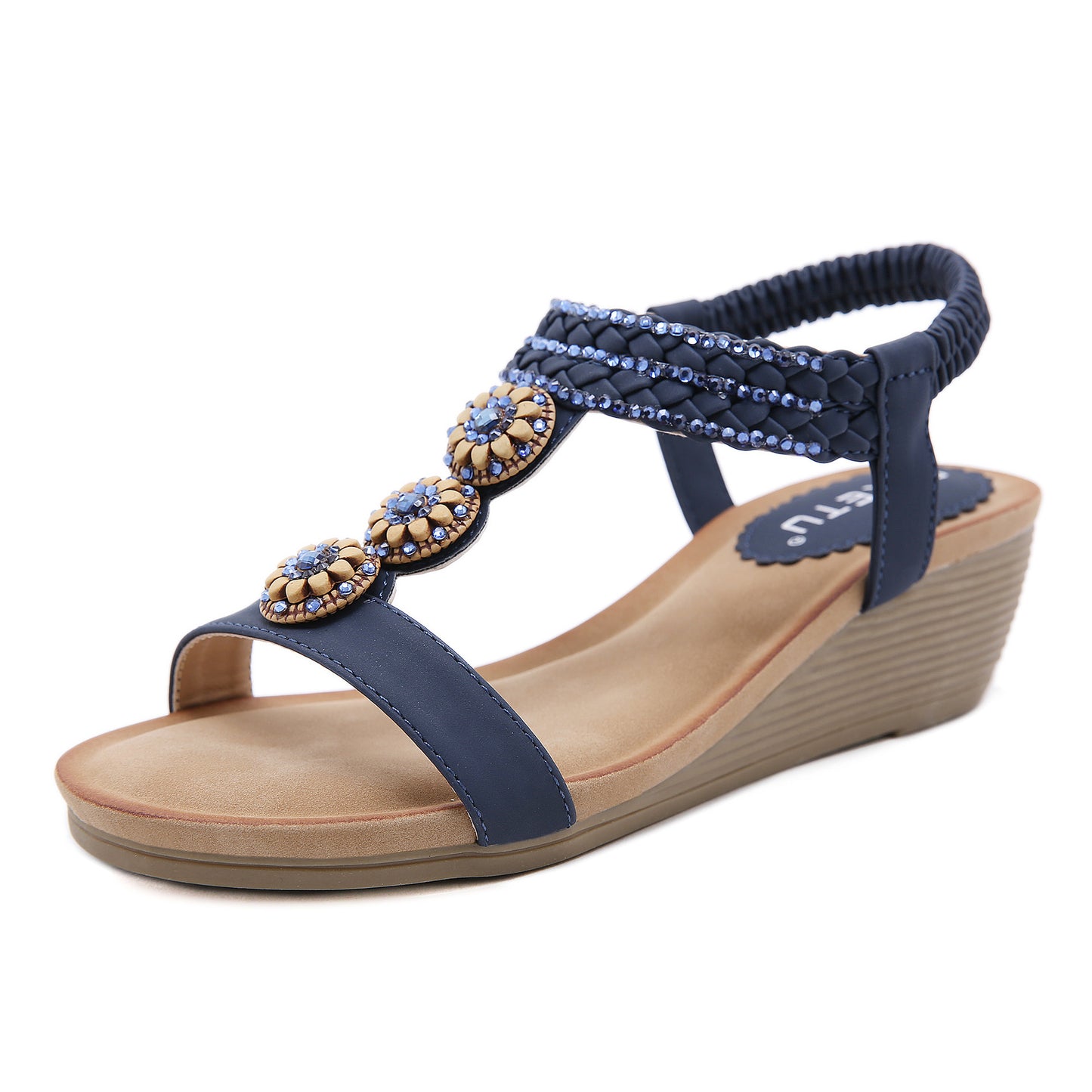 Wooden Bead Rhinestone Bohemian Wedge Comfortable Plus Size Sandals