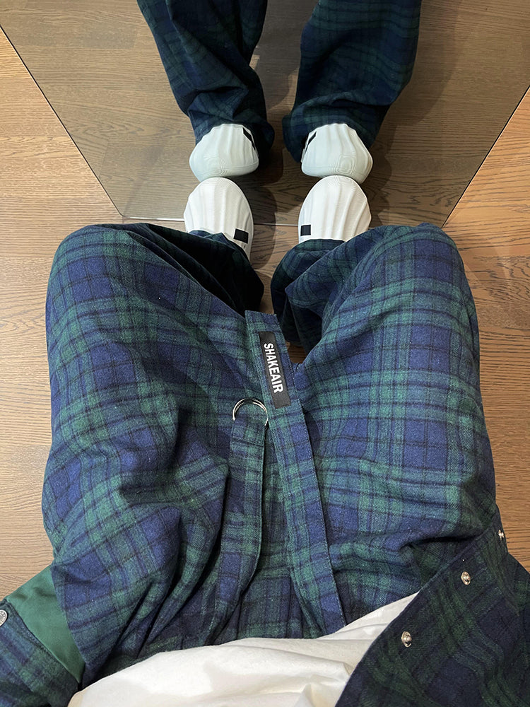 Retro Loose Profile Green Plaid Belt Casual Pants