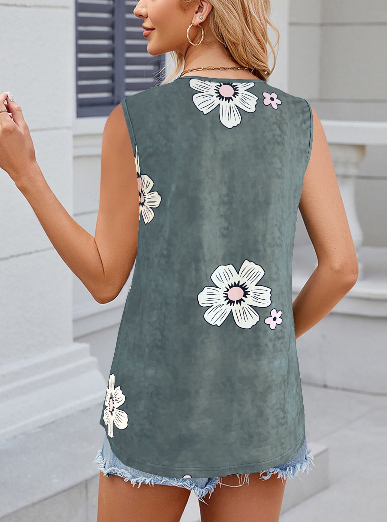 Women's Flower Print Vest Casual Fashion Round Neck Top