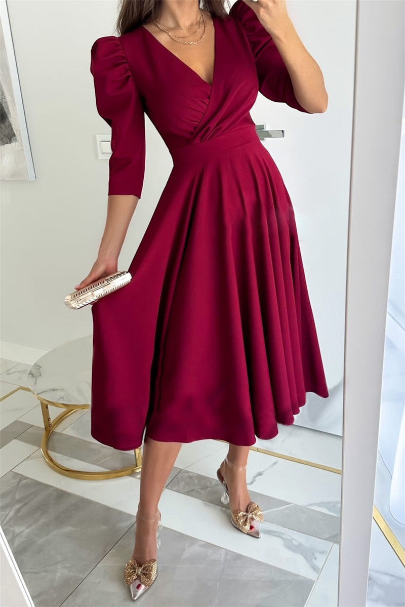 Women's Solid Color Pleated Waist Tight 34 Sleeve Swing Dress