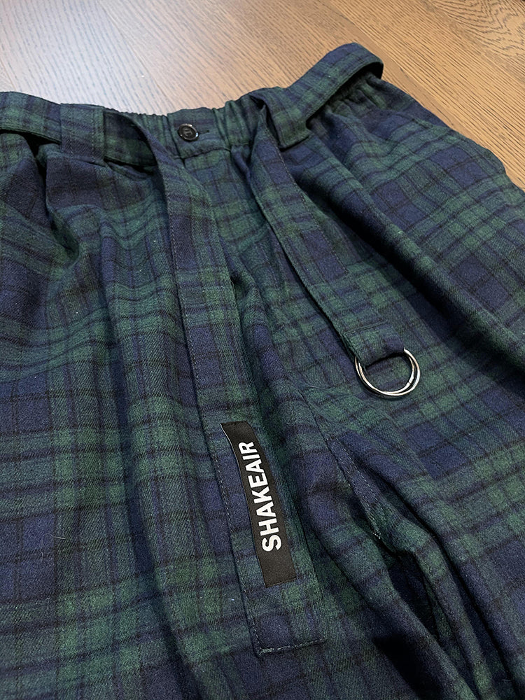 Retro Loose Profile Green Plaid Belt Casual Pants
