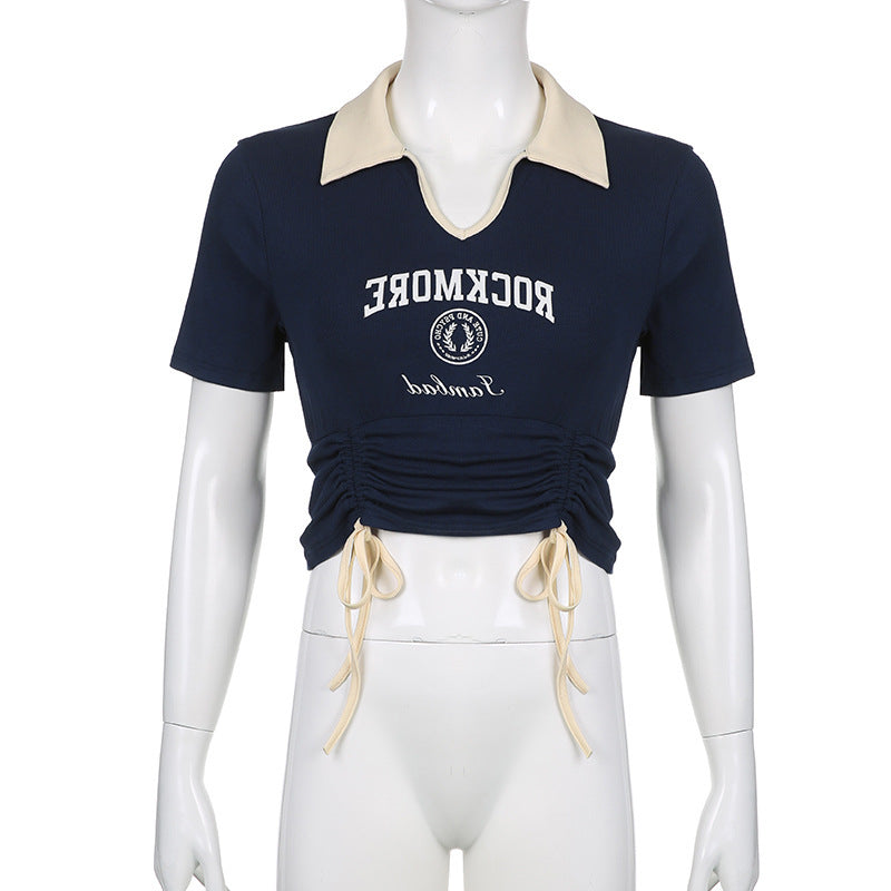 Contrast Color Drawstring Thin Print T-shirt