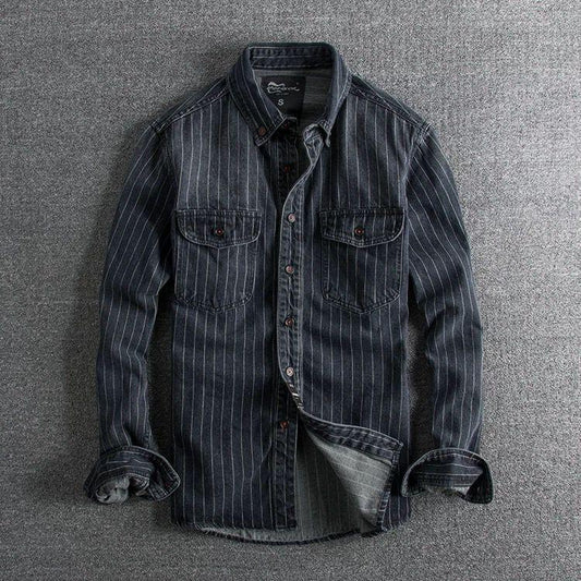 Denim Shirt Retro Heavy Distressed Thick Striped Long Sleeve Coat