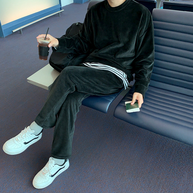 Solid Color Sweater Suit Men's Set With Casual Sports Outer