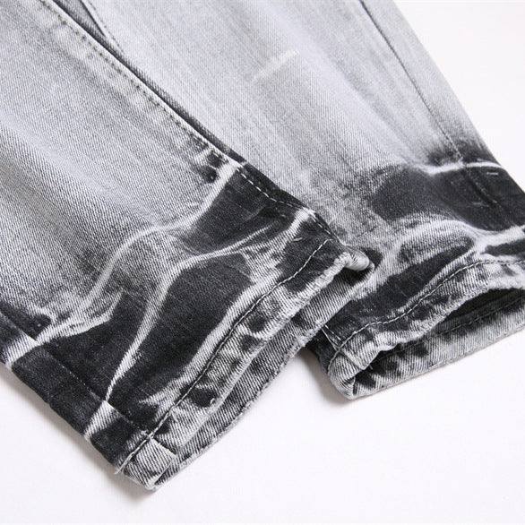 European And American Street Youth Slim Stretch Hole Patch Embroidery Gray Skinny Pants