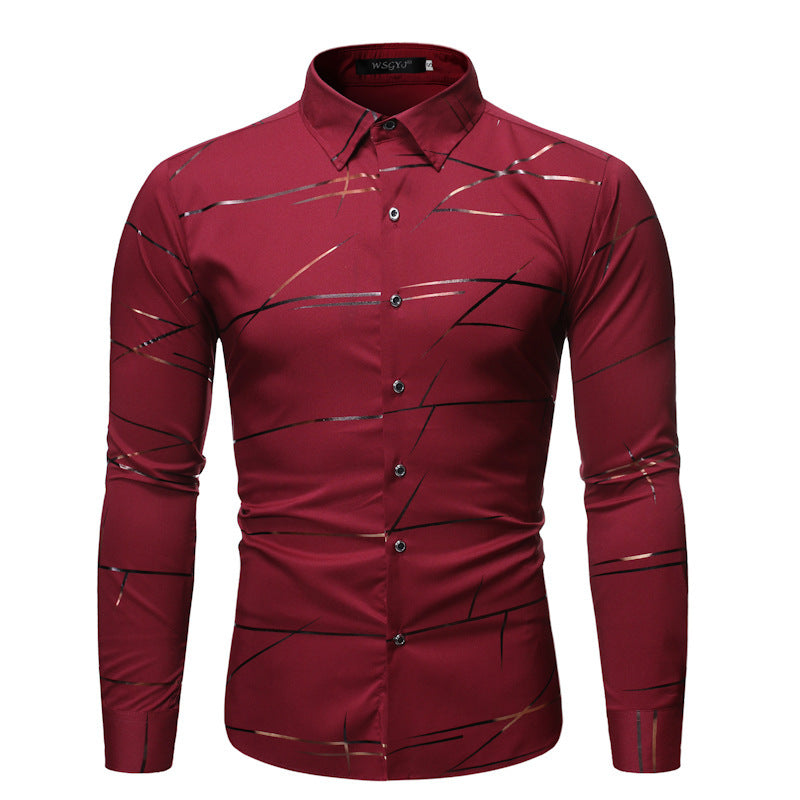 Fashion Henry Collar Design Shirt Line Bronzing Printing Long-sleeved Shirt For Men