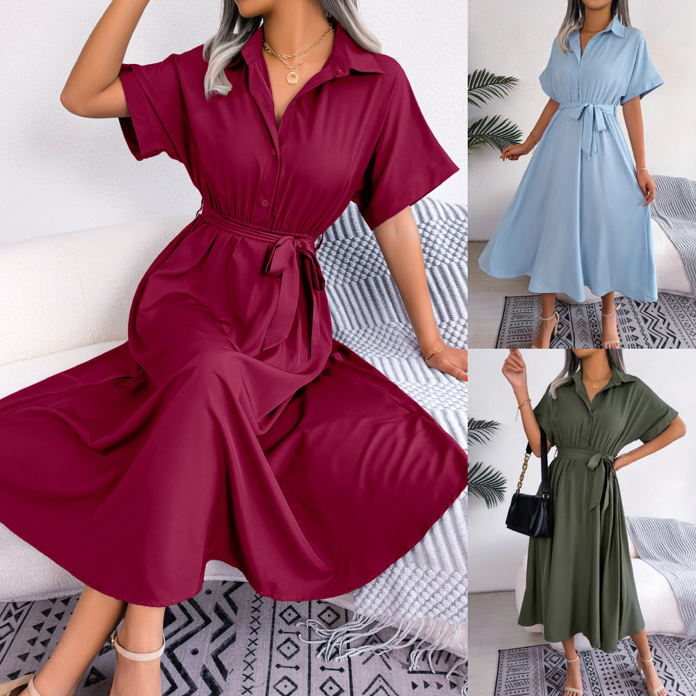 Ins Style European And American Leisure Loose Pure Color Tied Shirtdress