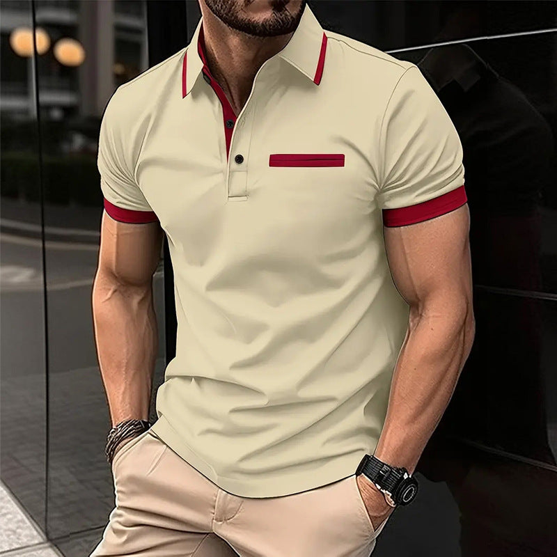 European And American Leisure Polo Shirt Chest Faux Pocket Lapel Button Business T-shirt Color Matching