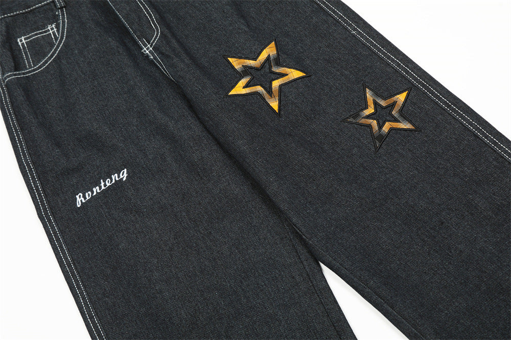 Design Five-pointed Star Affixed Cloth Embroidered Straight-leg Pants