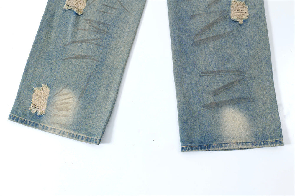 Graffiti Distressed Dirty Ripped Denim Trousers