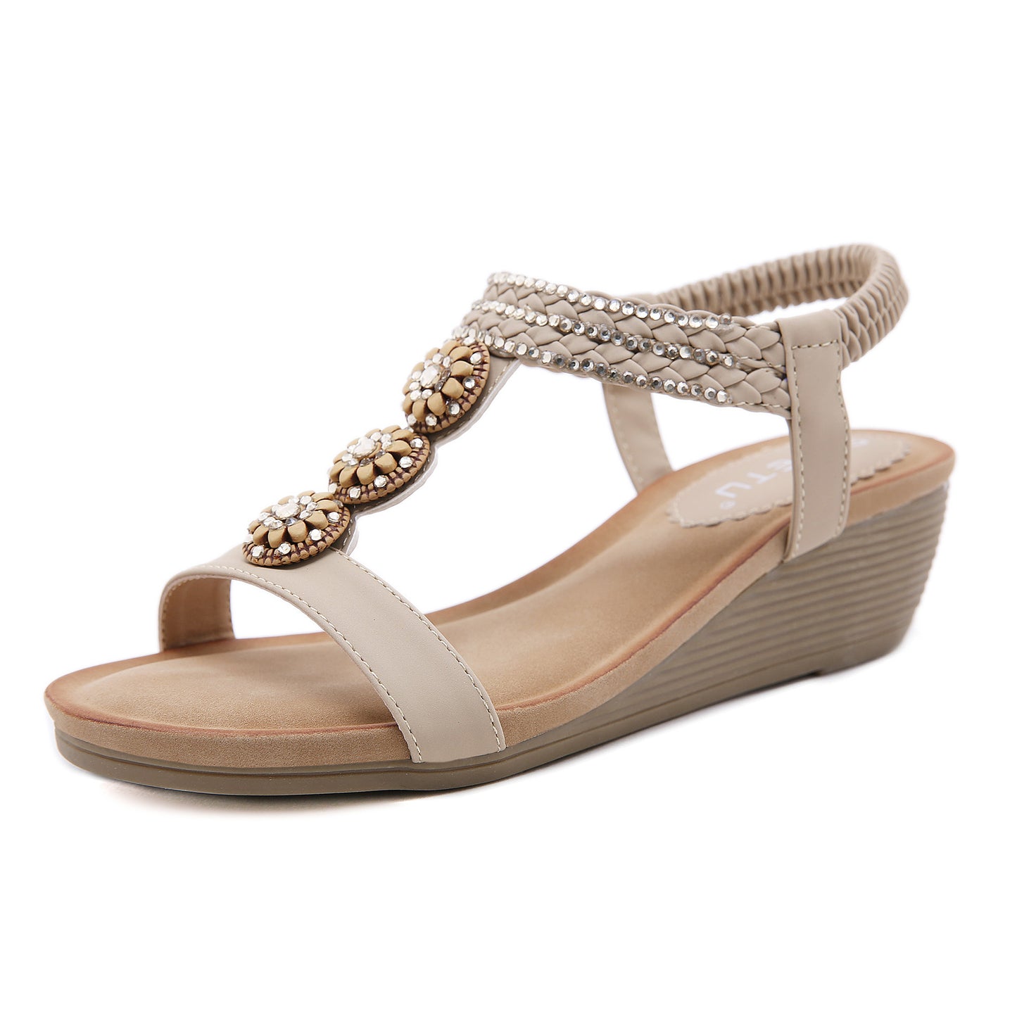 Wooden Bead Rhinestone Bohemian Wedge Comfortable Plus Size Sandals