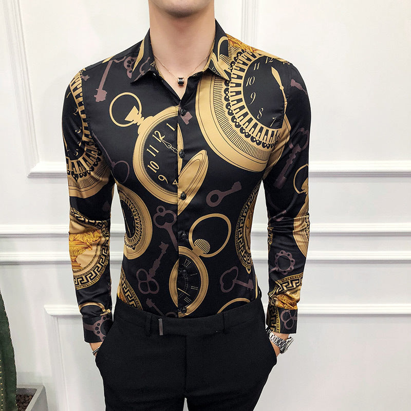 Black Rose Pattern Digital Printing Men's Long-sleeved Shirt