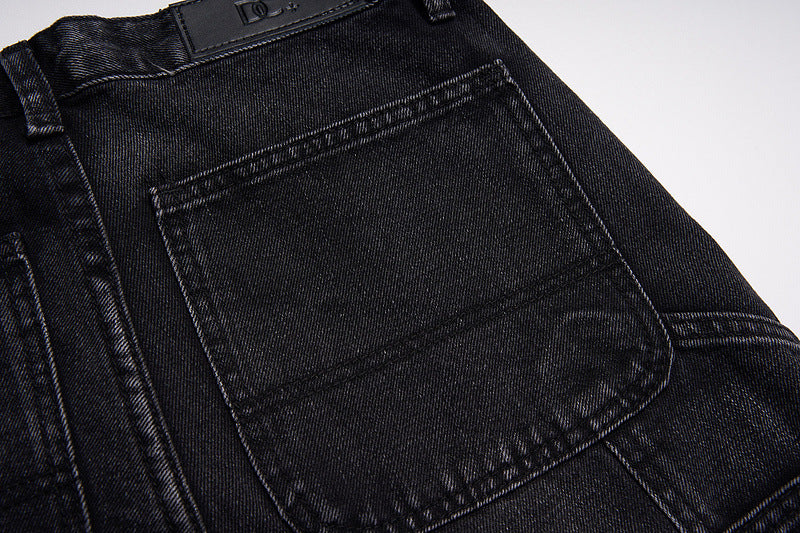 Men's Fashion High Street Stitching Deconstruction Retro Black Slightly Flared Loose Jeans