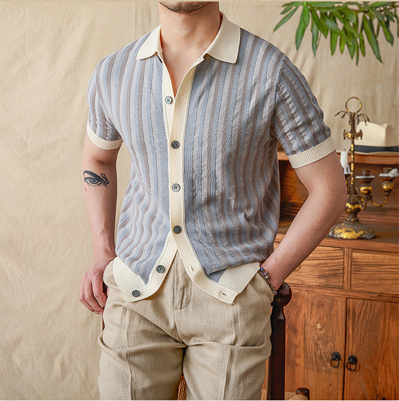 Summer Lapels Striped Jacquard Stitching Knitwear Short Sleeve Men
