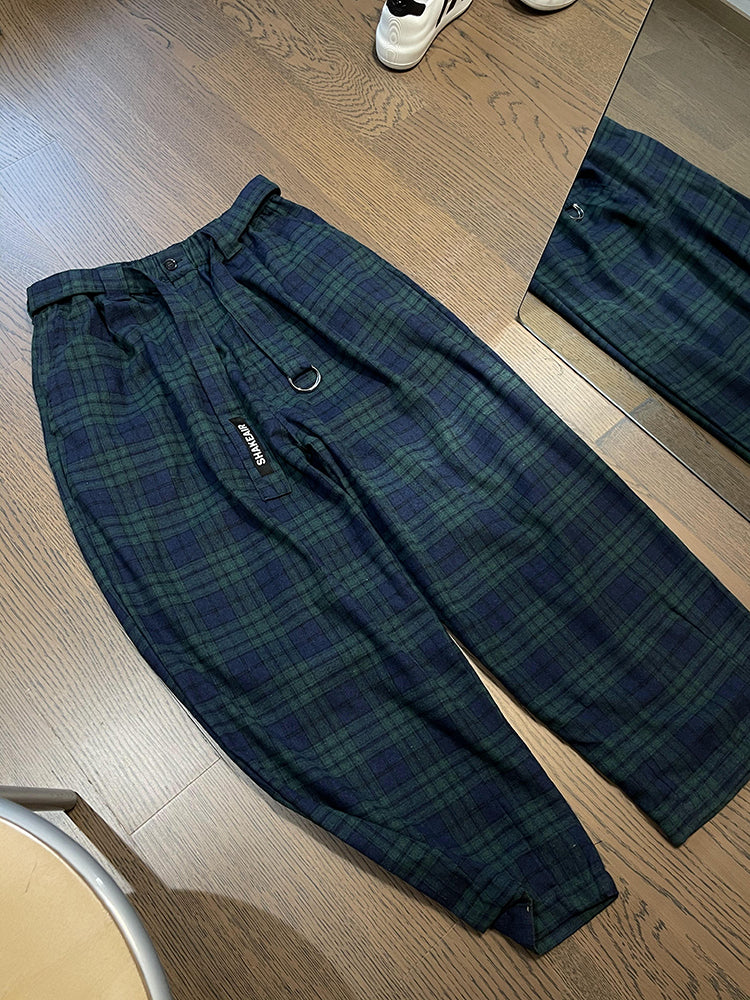 Retro Loose Profile Green Plaid Belt Casual Pants