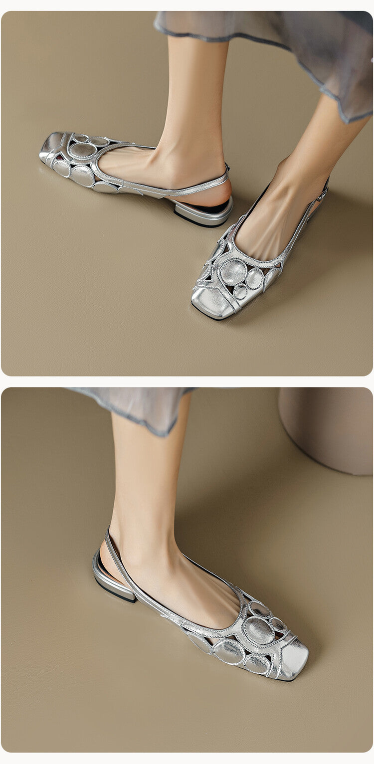 Fashion Summer New Toe Cap Female Square Toe Low Heel Back Strap Buckle Gold Silver Hollow Elegant Women's Shoes