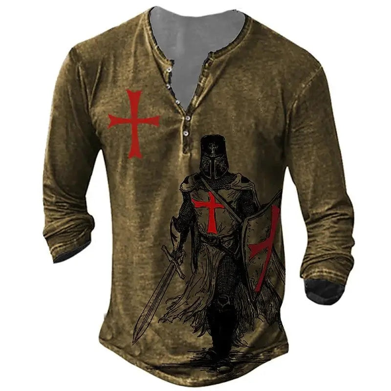 Open Placket Button Digital Printing Men's Long-sleeved T-shirt