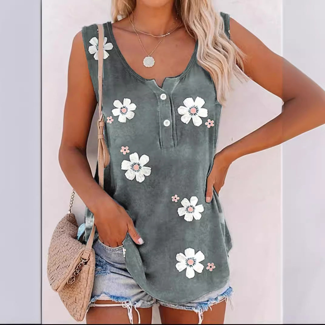 Women's Flower Print Vest Casual Fashion Round Neck Top