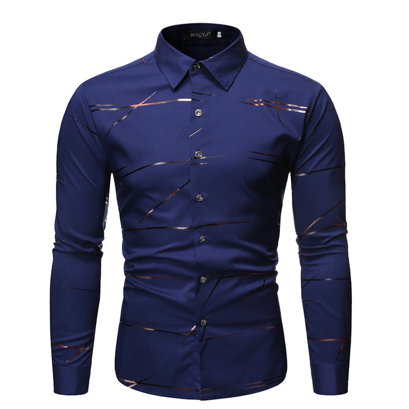 Fashion Henry Collar Design Shirt Line Bronzing Printing Long-sleeved Shirt For Men