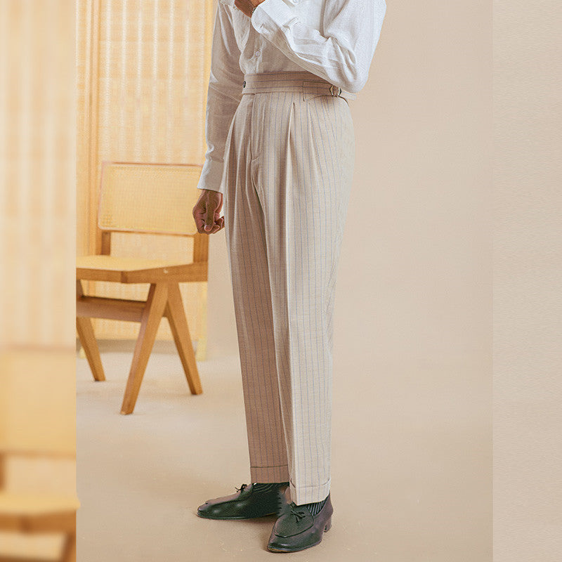 Men's Striped Double Pleated Straight Leg Pants