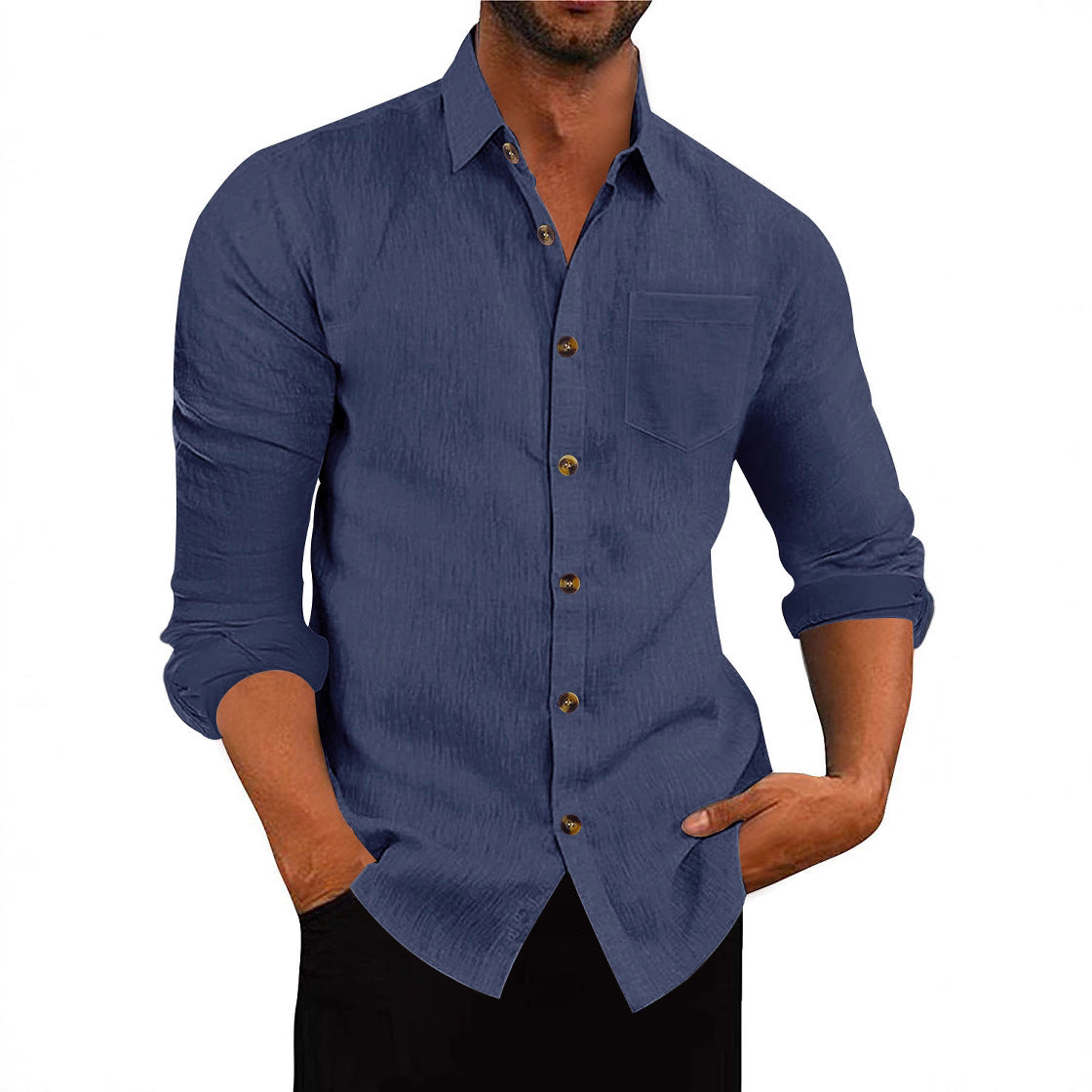 Men's Polo Collar Solid Color Long Sleeve Shirt Linen Loose Casual Cardigan