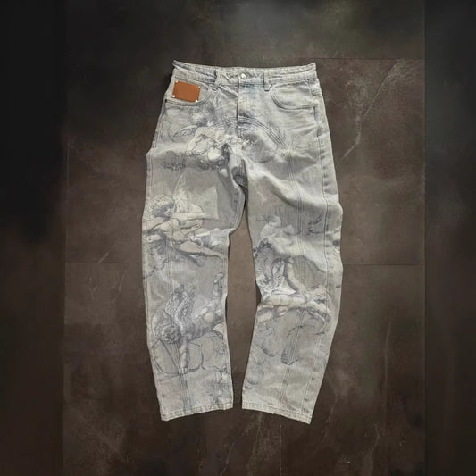 Casual All-match Graffiti Washed Worn Jeans