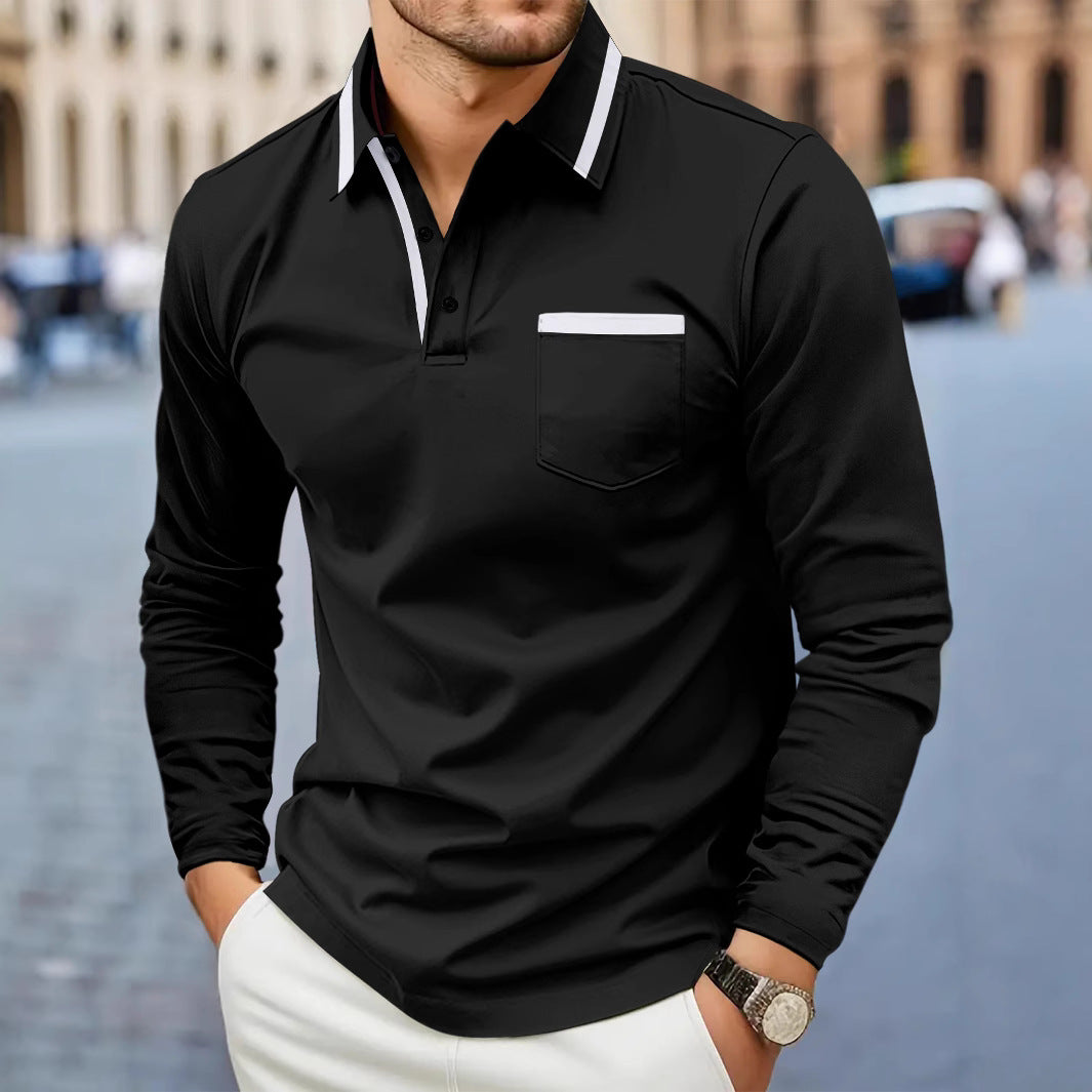 European And American Men's Spring And Autumn Daily Casual Patchwork Pocket Solid Color Lapel Long Sleeve Plus Size Polo Shirt