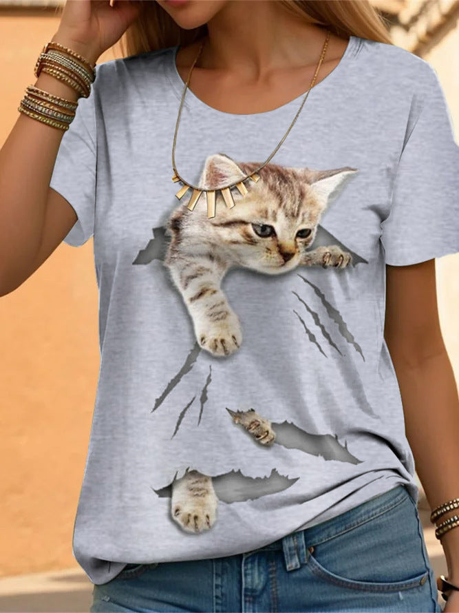 Casual Loose Cat Printing Short-sleeved Shirt