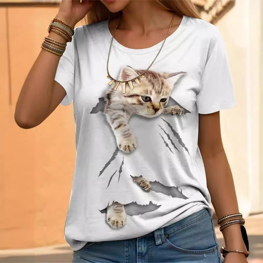 Casual Loose Cat Printing Short-sleeved Shirt