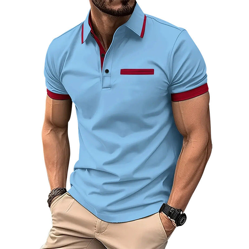 European And American Leisure Polo Shirt Chest Faux Pocket Lapel Button Business T-shirt Color Matching