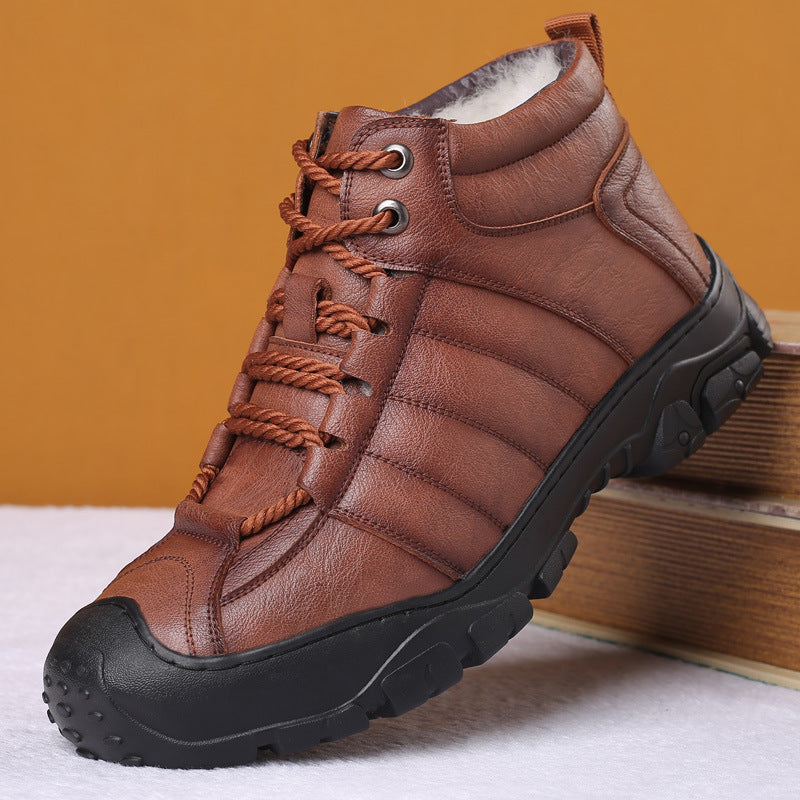 Warm Men's Outdoor Mountaineering Plush Leather Shoes