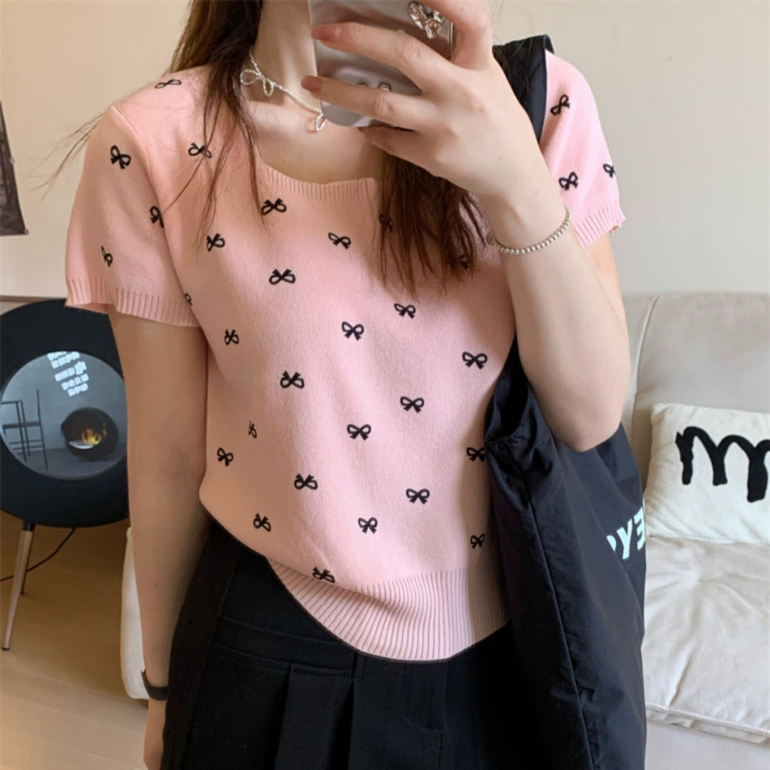 Bow Knitted Short-sleeved Shirt Women