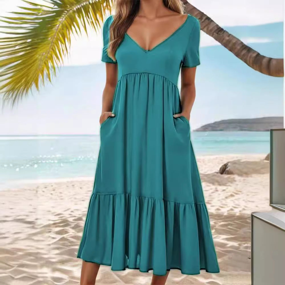 Casual Solid Color And V-neck Pocket Dress