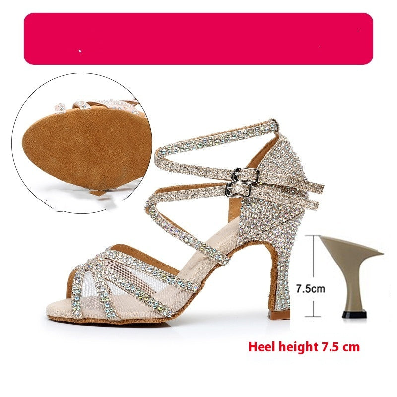 Diamond Latin Dance Shoes Women's Sandals Professional Soft Bottom Dance Shoes Mid-high Heeloutdoor