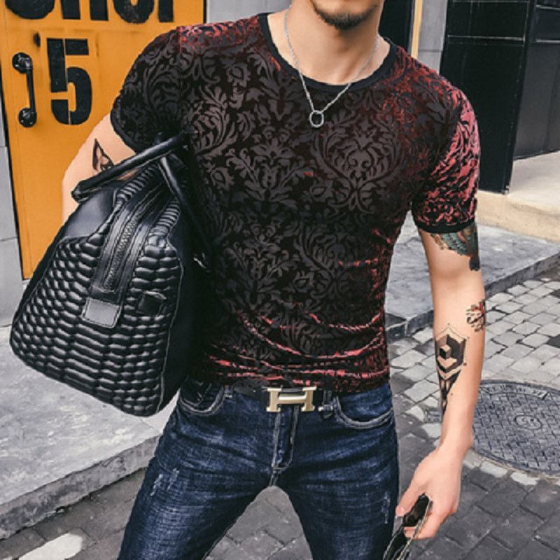Men's Gold Velvet Ice Silk Cut-out Breathable Short Sleeve Round Neck T-shirt