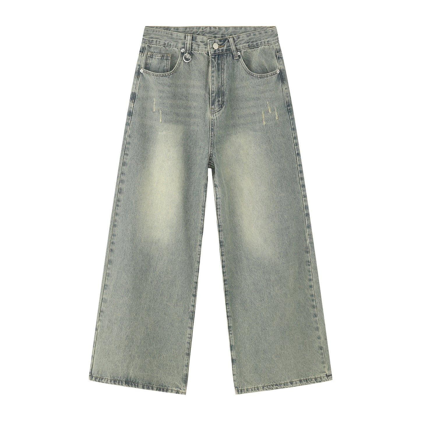 Men's Loose Washed-out Brushed White Light Blue Denim Coat Trousers