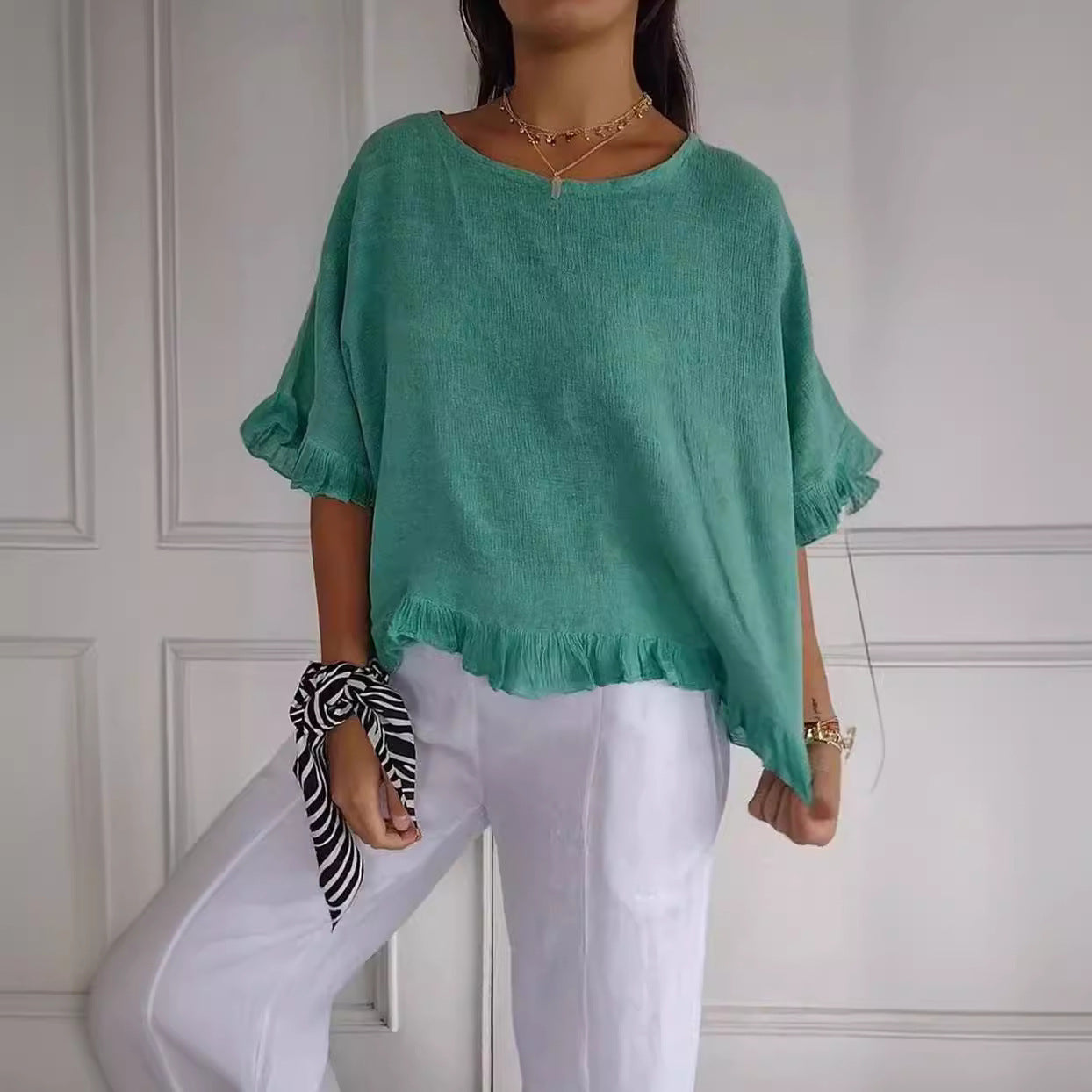 Pure Color Ruffles T-shirt Female Casual Short-sleeved Top