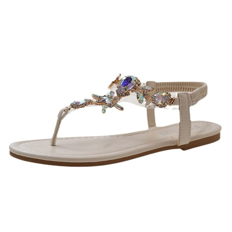 Classic Style Flat Flip-toe Rhinestone Simple Sandals For Women