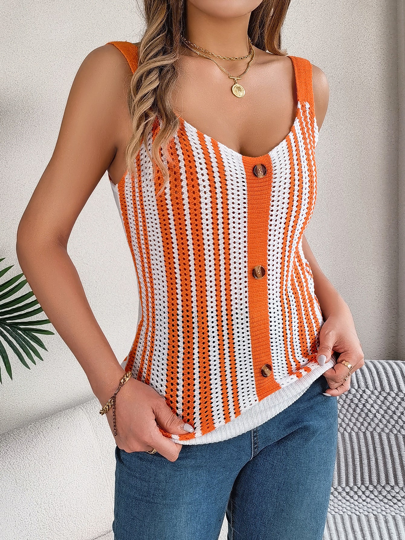 Women's V-neck Buttons Contrast Color Hollow Knitwear Top