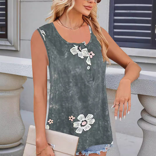 Women's Flower Print Vest Casual Fashion Round Neck Top