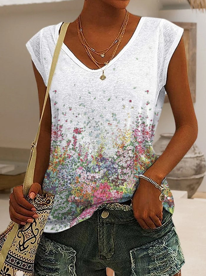 Casual Loose Floral Easter Bunny Print Sleeveless T-shirt