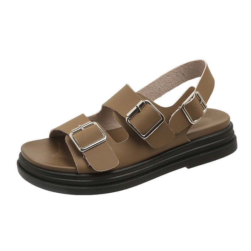 Women's Thick-soled Double-belt Buckle Flat Beach Sandals