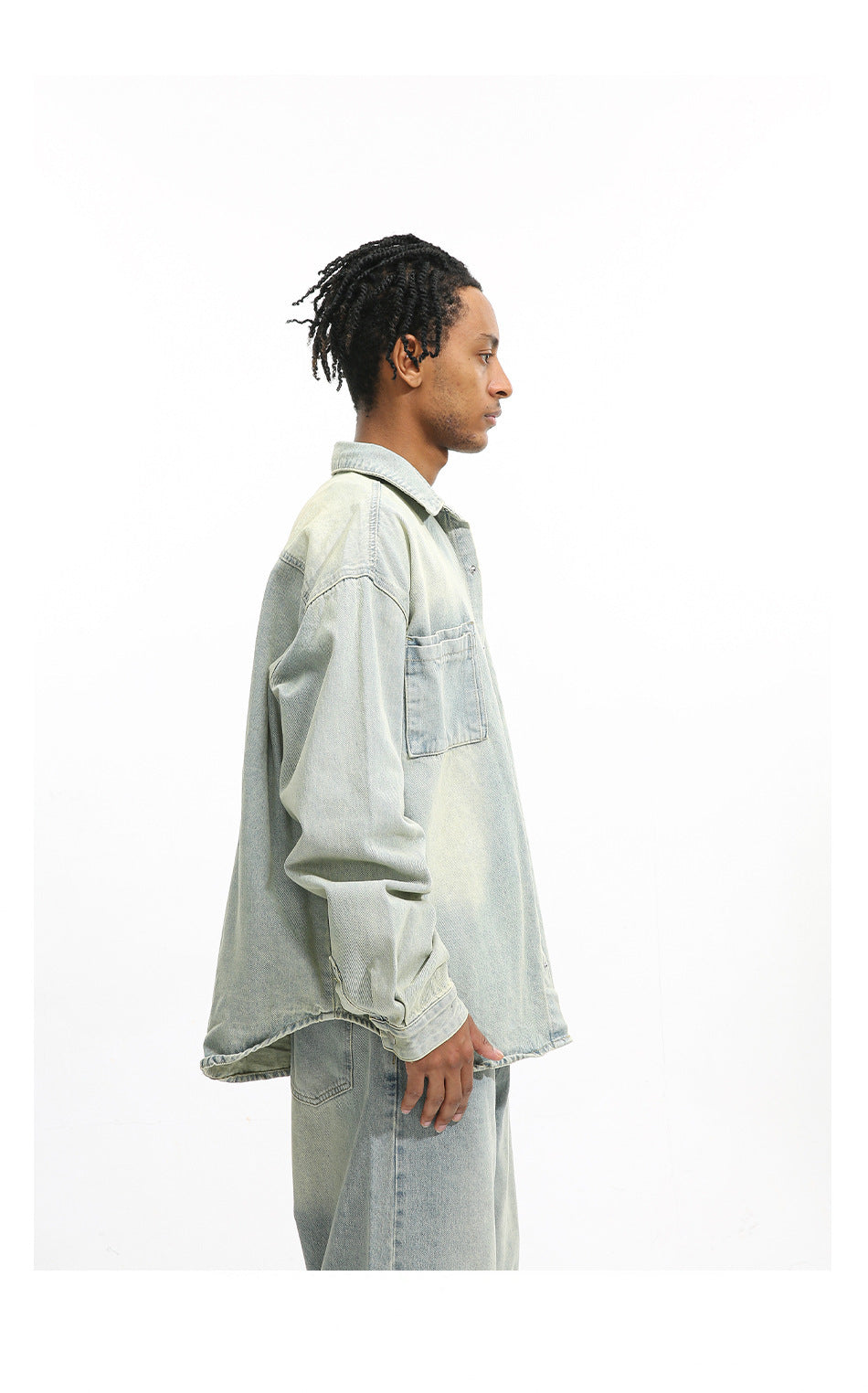 Men's Loose Washed-out Brushed White Light Blue Denim Coat Trousers